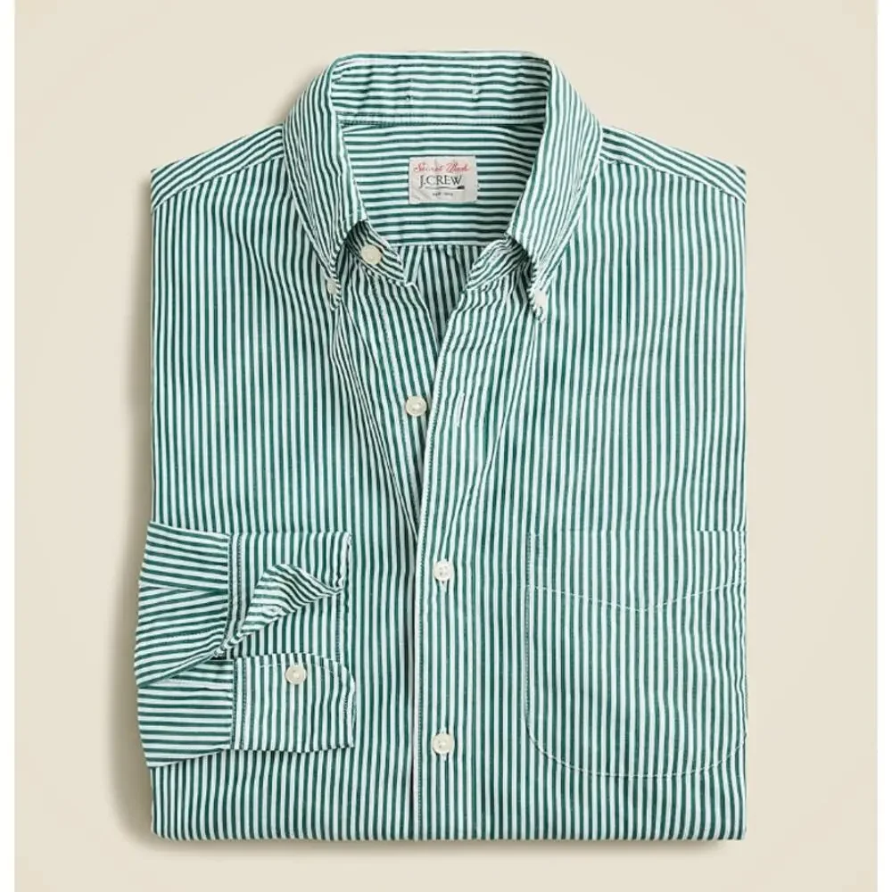J.Crew Secret Wash Cotton Poplin Shirt Mens M Green White Striped Long Sleeve